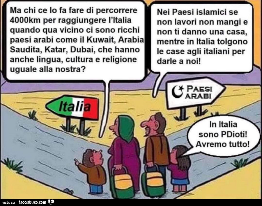 Ma chi ce lo fa fare di percorrere 4000km per raggiungere l'italia quando qua vicino ci sono ricchi paesi arabi come il kuwait, arabia saudita, katar, dubai, che hanno anche lingua, cultura e religione uguale alla nostra?