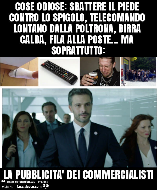 Cose odiose: sbattere il piede contro lo spigolo, telecomando lontano dalla poltrona, birra calda, fila alla poste&hellip; ma soprattutto: la pubblicità dei commercialisti