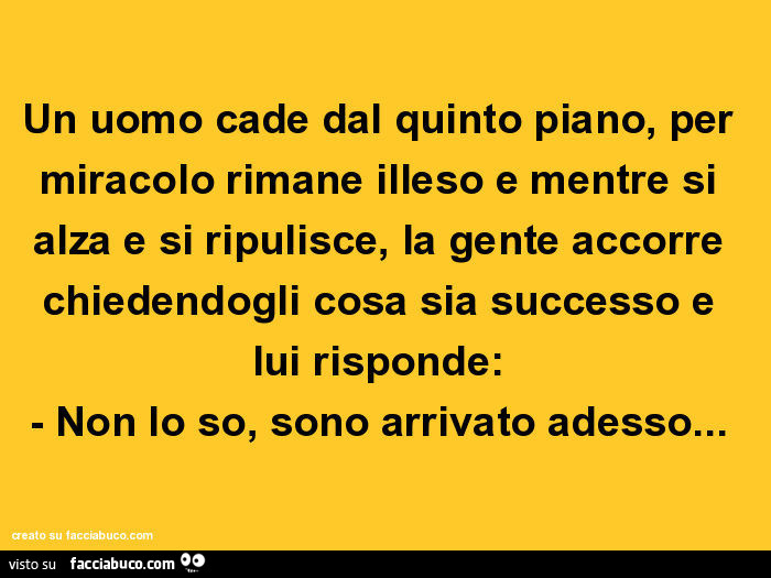 Un uomo cade dal quinto piano, per miracolo rimane illeso e mentre si alza e si ripulisce, la gente accorre chiedendogli cosa sia successo e lui risponde: non lo so, sono arrivato adesso