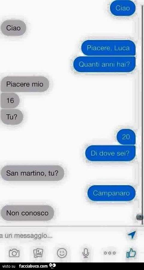 Ciao. Ciao. Piacere Luca. Quanti anni hai? Piacere mio 16 tu? 20. Di dove sei? San Martino tu? Campanaro. Non conosco