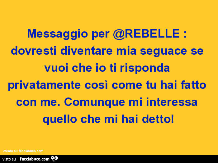 Messaggio per @rebelle: dovresti diventare mia seguace se vuoi che io ti risponda privatamente così come tu hai fatto con me. Comunque mi interessa quello che mi hai detto