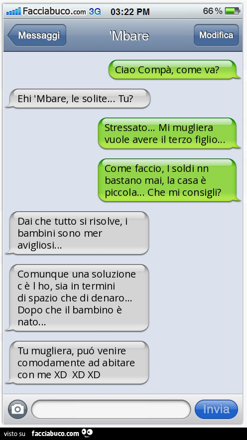 Ciao Compà, come va? Ehi 'Mbare, le solite&hellip; Tu? Stressato&hellip; Mi mugliera vuole avere il terzo figlio&hellip; Come faccio, I soldi nn bastano mai, la casa è piccola&hellip; Che mi consigli? Dai che tutto si risolve, i bambini sono meravigl