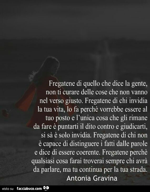 Fregatene di quello che dice la gente, non ti curare delle cose che non vanno nel verso giusto. Fregatene di chi invidia la tua vita, lo fa perchè vorrebbe essere al tuo posto e l'unica cosa che gli rimane da fare è puntarti il dito contro e giudicar