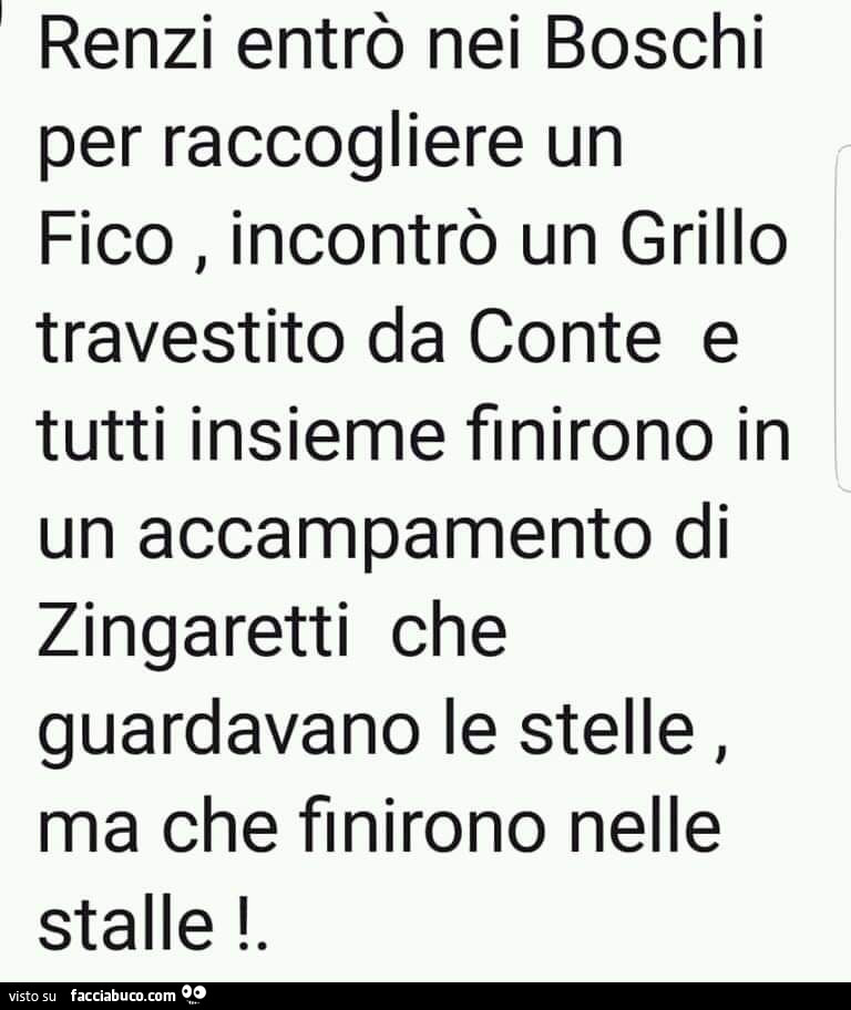 Renzi entrò nei boschi per raccogliere un fico, incontrò un grillo travestito da conte e tutti insieme finirono in un accampamento di zingaretti che guardavano le stelle, ma che finirono nelle stalle