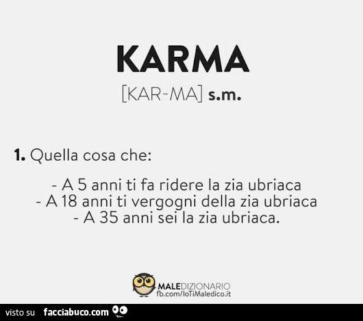 Karma. Quella cosa che: a 5 anni ti fa ridere la zia ubriaca a 18 anni ti vergogni della zia ubriaca a 35 anni sei la zia ubriaca
