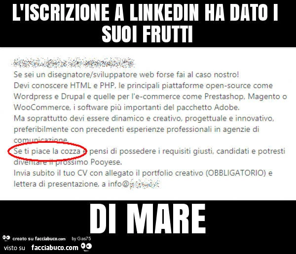 L'iscrizione a linkedin ha dato i suoi frutti di mare